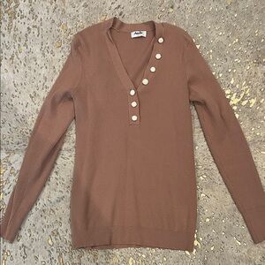 Amalli Talli Taupe V-Neck Sweater with Button Detail